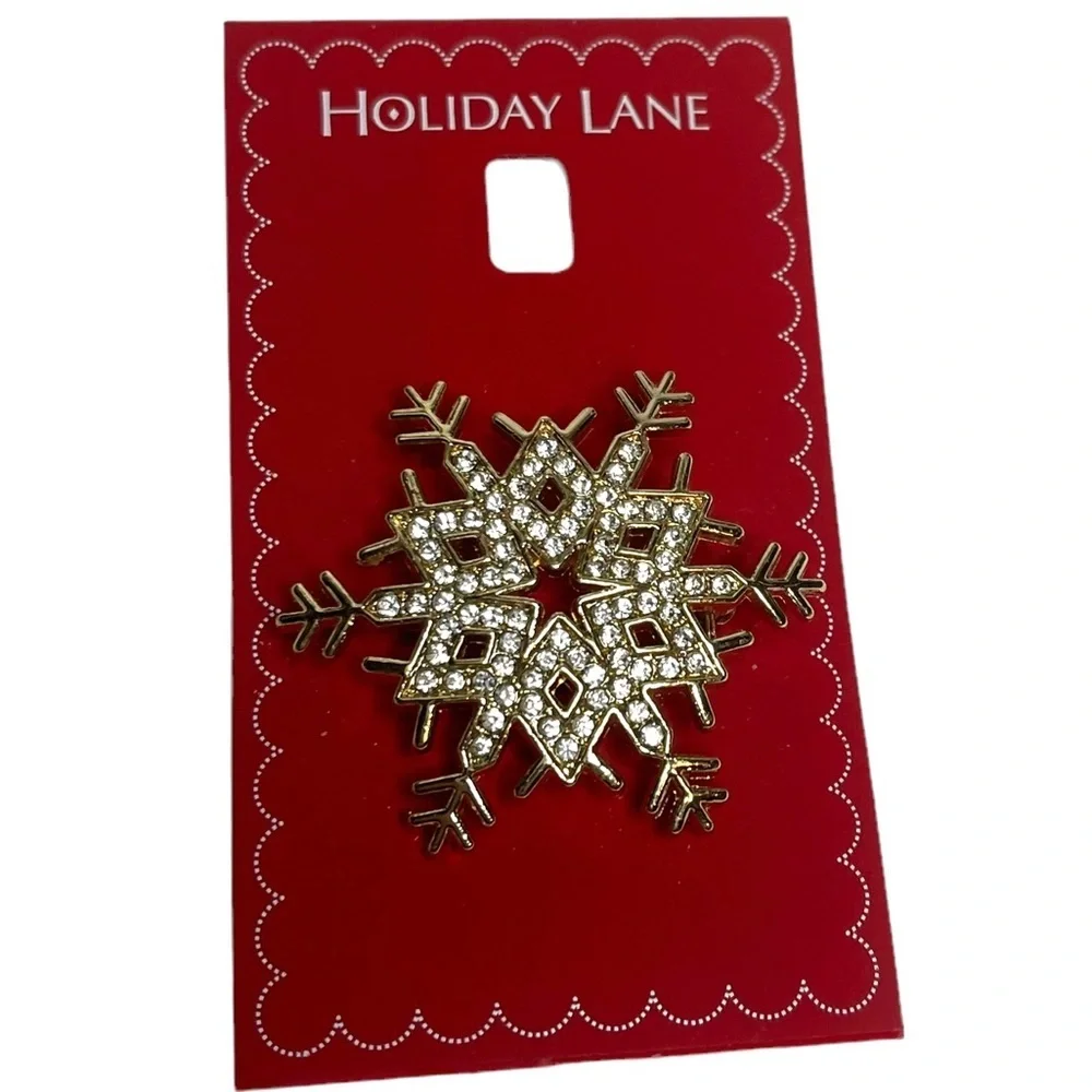 Vintage Macys Holiday Lane Gold Tone/Rhinestone Snowflake Brooch